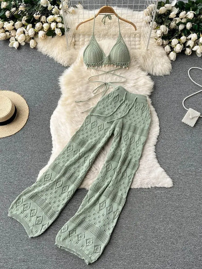 Women Summer Knitted Pants Set Halter Short Tops & Hollow Wide Leg Long Pants Sets Beach Sexy Backless Two Piece Suits