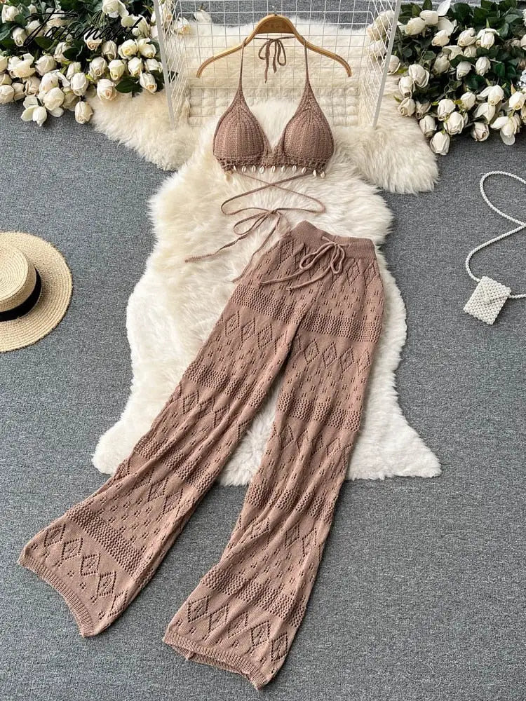 Women Summer Knitted Pants Set Halter Short Tops & Hollow Wide Leg Long Pants Sets Beach Sexy Backless Two Piece Suits