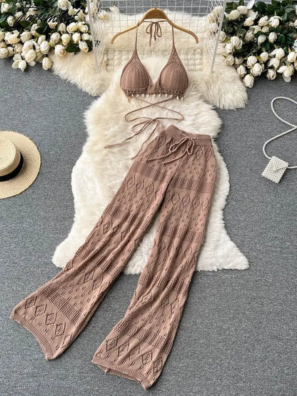 Women Summer Knitted Pants Set Halter Short Tops & Hollow Wide Leg Long Pants Sets Beach Sexy Backless Two Piece Suits