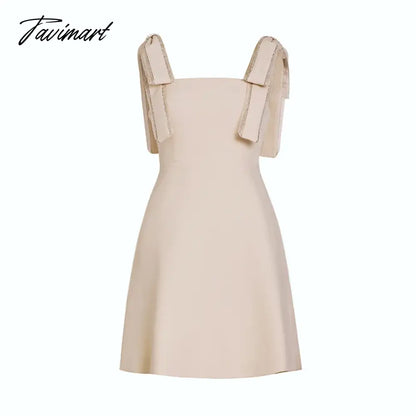 Women Summer Korean Handmade Bowknot Bright Diamond Apricot Fairy Dress Soild Sleevess High Waist New Party Elegant A-line Dress