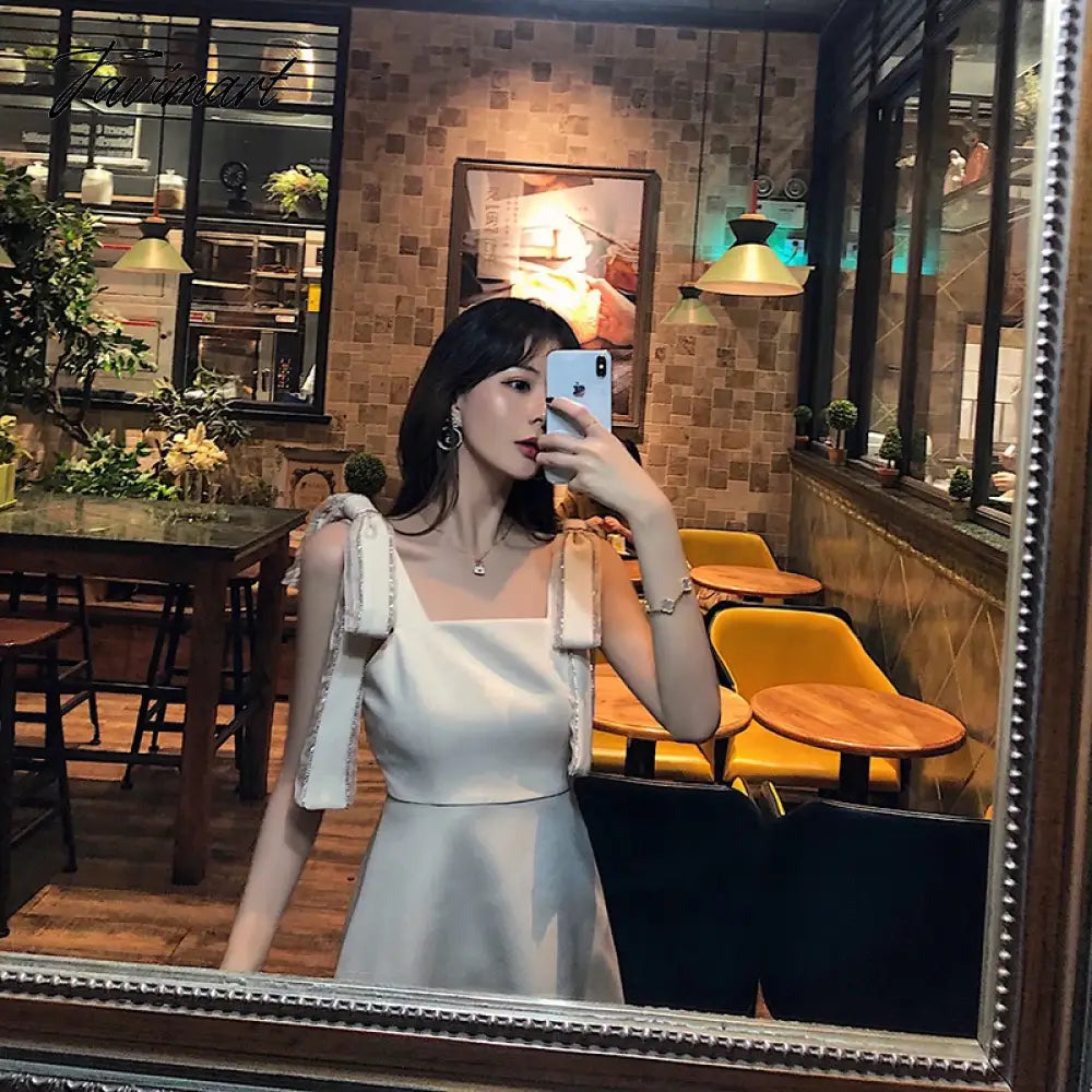 Women Summer Korean Handmade Bowknot Bright Diamond Apricot Fairy Dress Soild Sleevess High Waist New Party Elegant A-line Dress