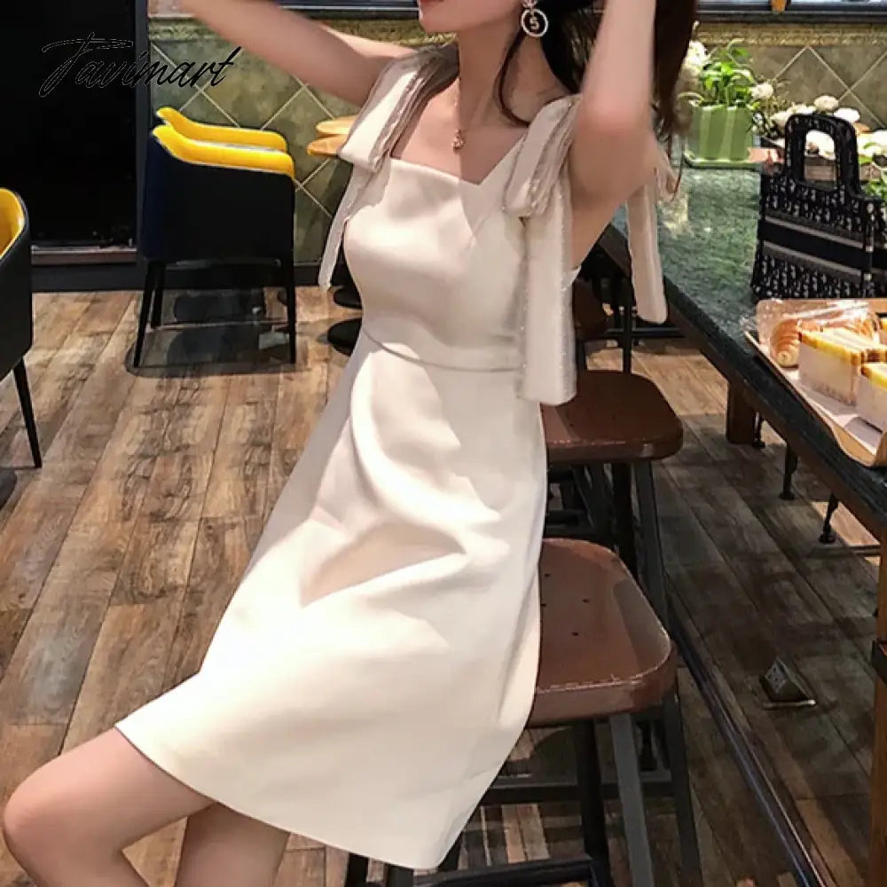 Women Summer Korean Handmade Bowknot Bright Diamond Apricot Fairy Dress Soild Sleevess High Waist New Party Elegant A-line Dress