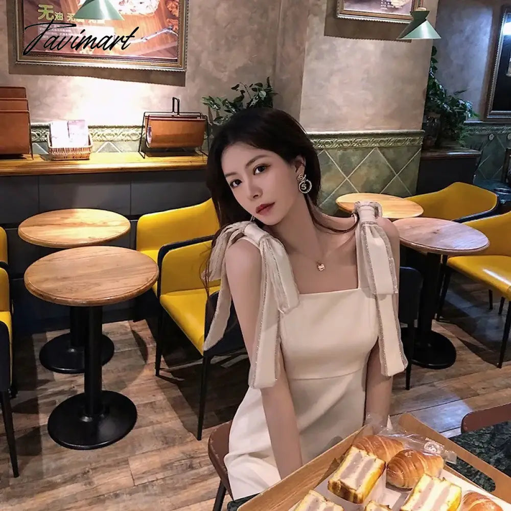 Women Summer Korean Handmade Bowknot Bright Diamond Apricot Fairy Dress Soild Sleevess High Waist New Party Elegant A-line Dress