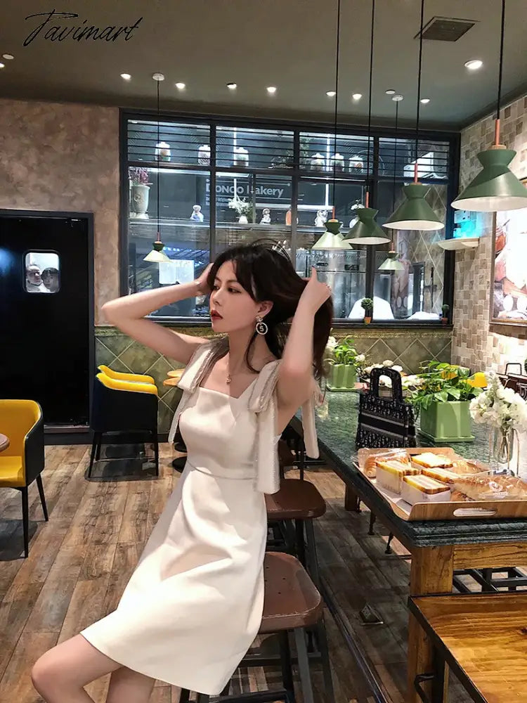 Women Summer Korean Handmade Bowknot Bright Diamond Apricot Fairy Dress Soild Sleevess High Waist New Party Elegant A-line Dress