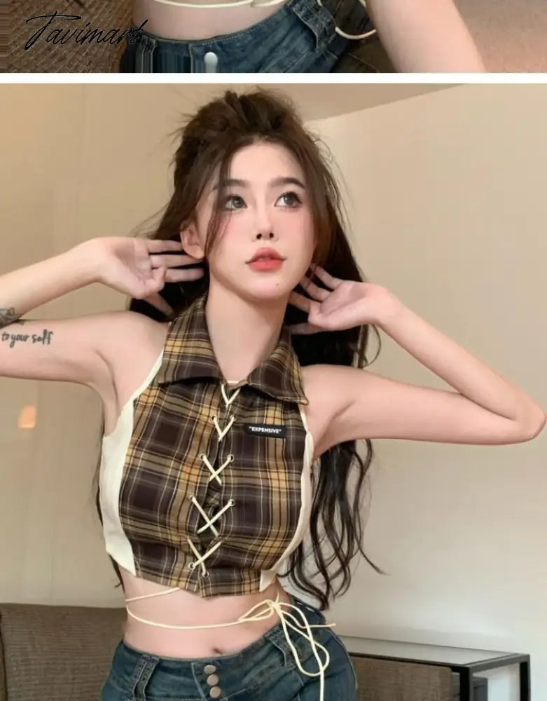 women summer plaid patchwork sexy sleeveless bandage crop top femme turn down collar Y2k Tank Streetwear