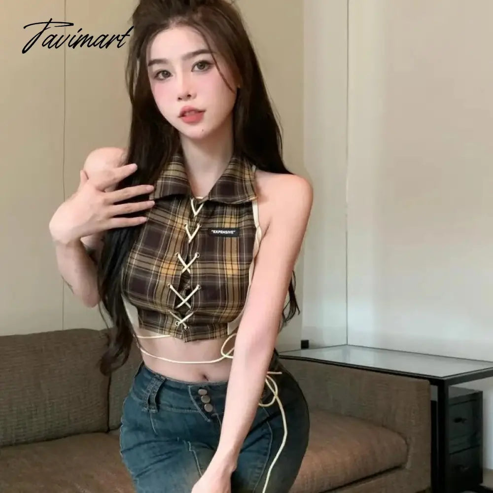 women summer plaid patchwork sexy sleeveless bandage crop top femme turn down collar Y2k Tank Streetwear