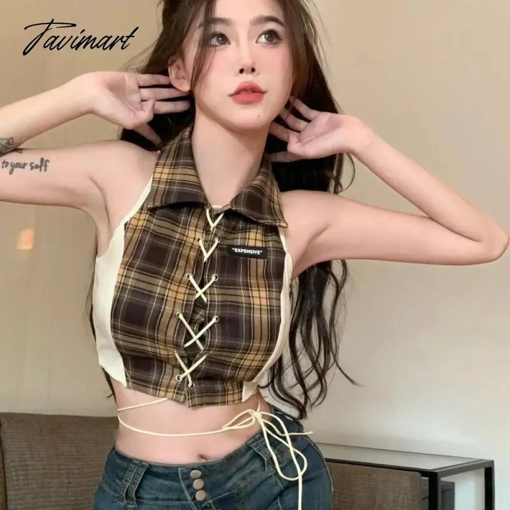 women summer plaid patchwork sexy sleeveless bandage crop top femme turn down collar Y2k Tank Streetwear