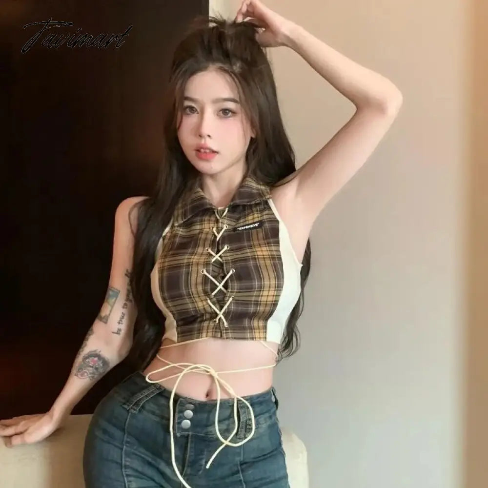 women summer plaid patchwork sexy sleeveless bandage crop top femme turn down collar Y2k Tank Streetwear