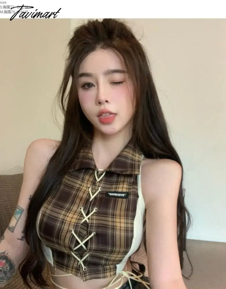 women summer plaid patchwork sexy sleeveless bandage crop top femme turn down collar Y2k Tank Streetwear