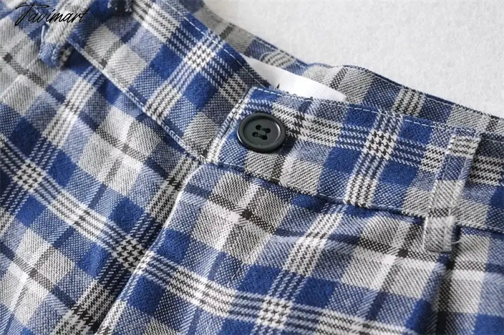 Women Tailored Wide Leg Trousers In Blue Plaid Wide Leg Pants