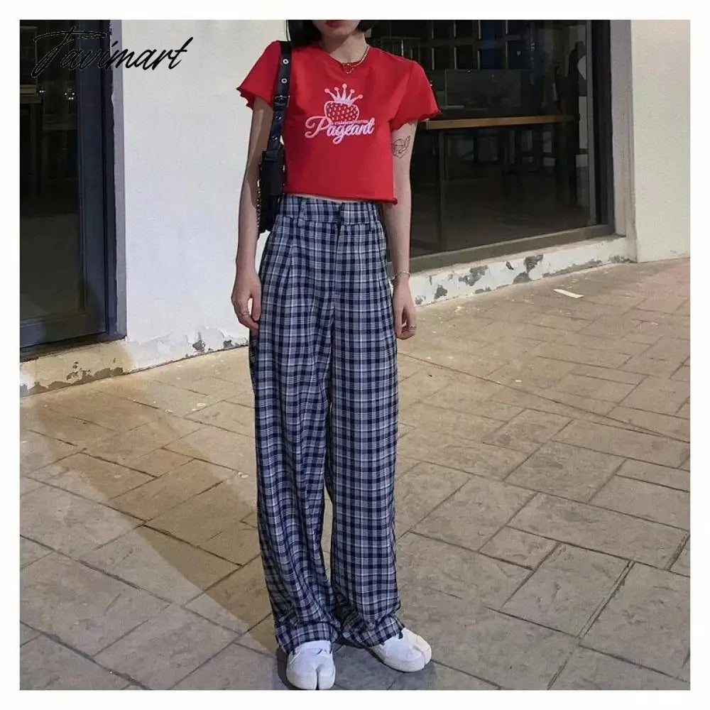 Women Tailored Wide Leg Trousers In Blue Plaid Wide Leg Pants
