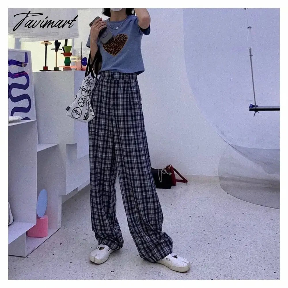 Women Tailored Wide Leg Trousers In Blue Plaid Wide Leg Pants