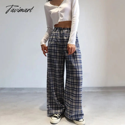 Women Tailored Wide Leg Trousers In Blue Plaid Wide Leg Pants
