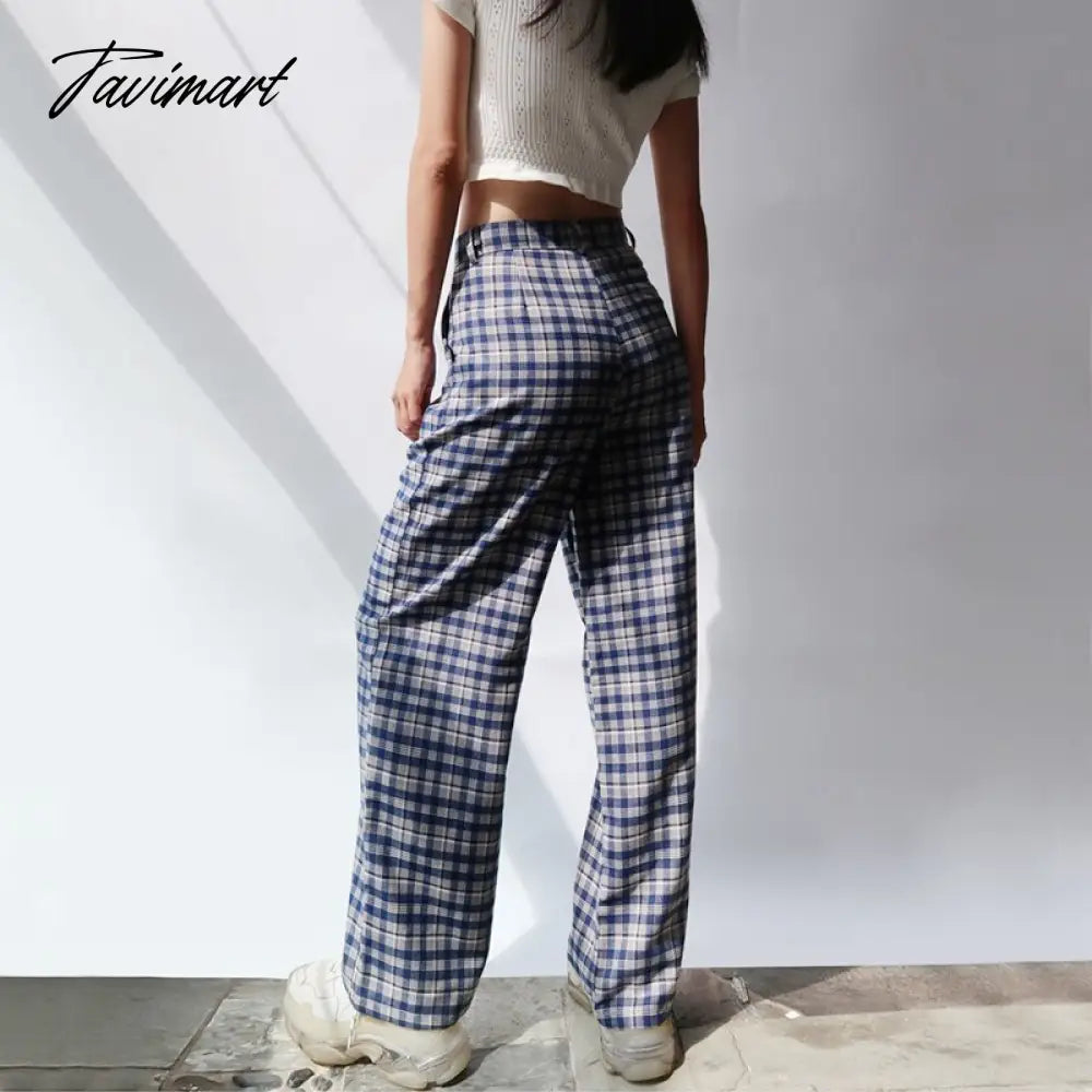 Women Tailored Wide Leg Trousers In Blue Plaid Wide Leg Pants