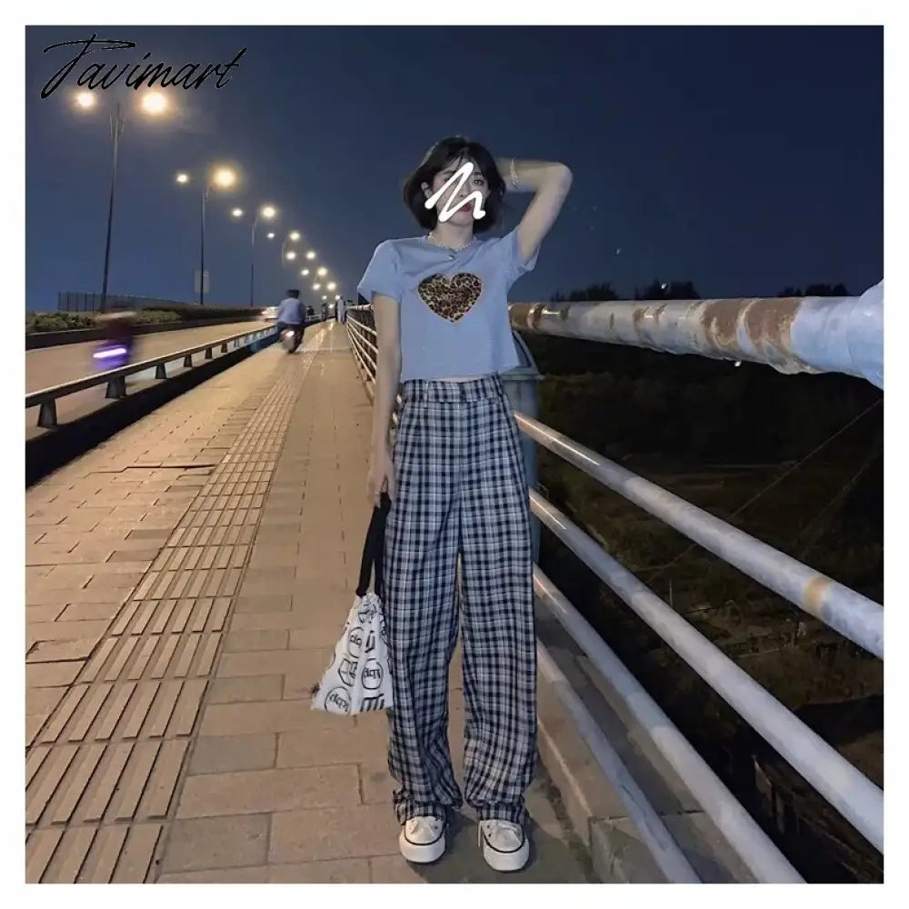 Women Tailored Wide Leg Trousers In Blue Plaid Wide Leg Pants