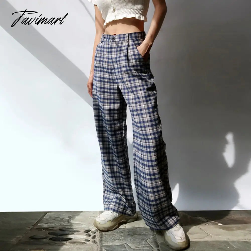 Women Tailored Wide Leg Trousers In Blue Plaid Wide Leg Pants