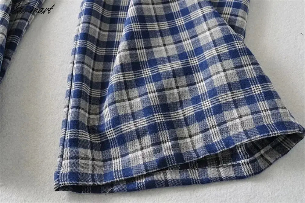 Women Tailored Wide Leg Trousers In Blue Plaid Wide Leg Pants