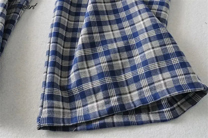 Women Tailored Wide Leg Trousers In Blue Plaid Wide Leg Pants
