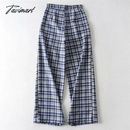 Women Tailored Wide Leg Trousers In Blue Plaid Wide Leg Pants