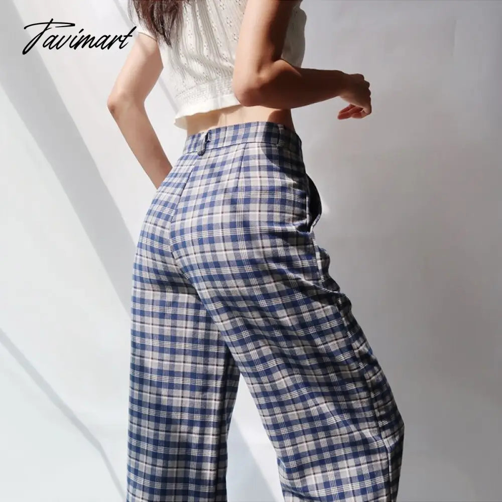 Women Tailored Wide Leg Trousers In Blue Plaid Wide Leg Pants