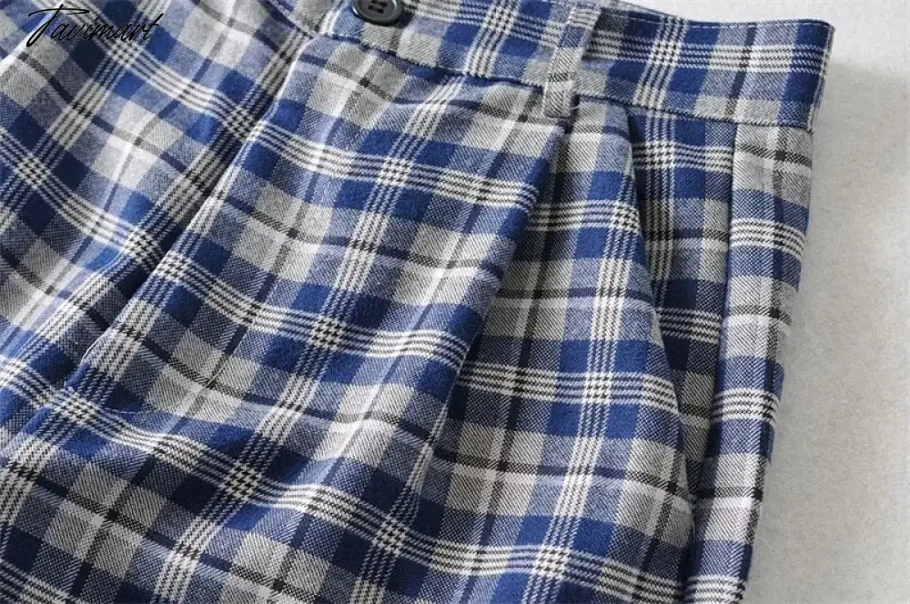 Women Tailored Wide Leg Trousers In Blue Plaid Wide Leg Pants