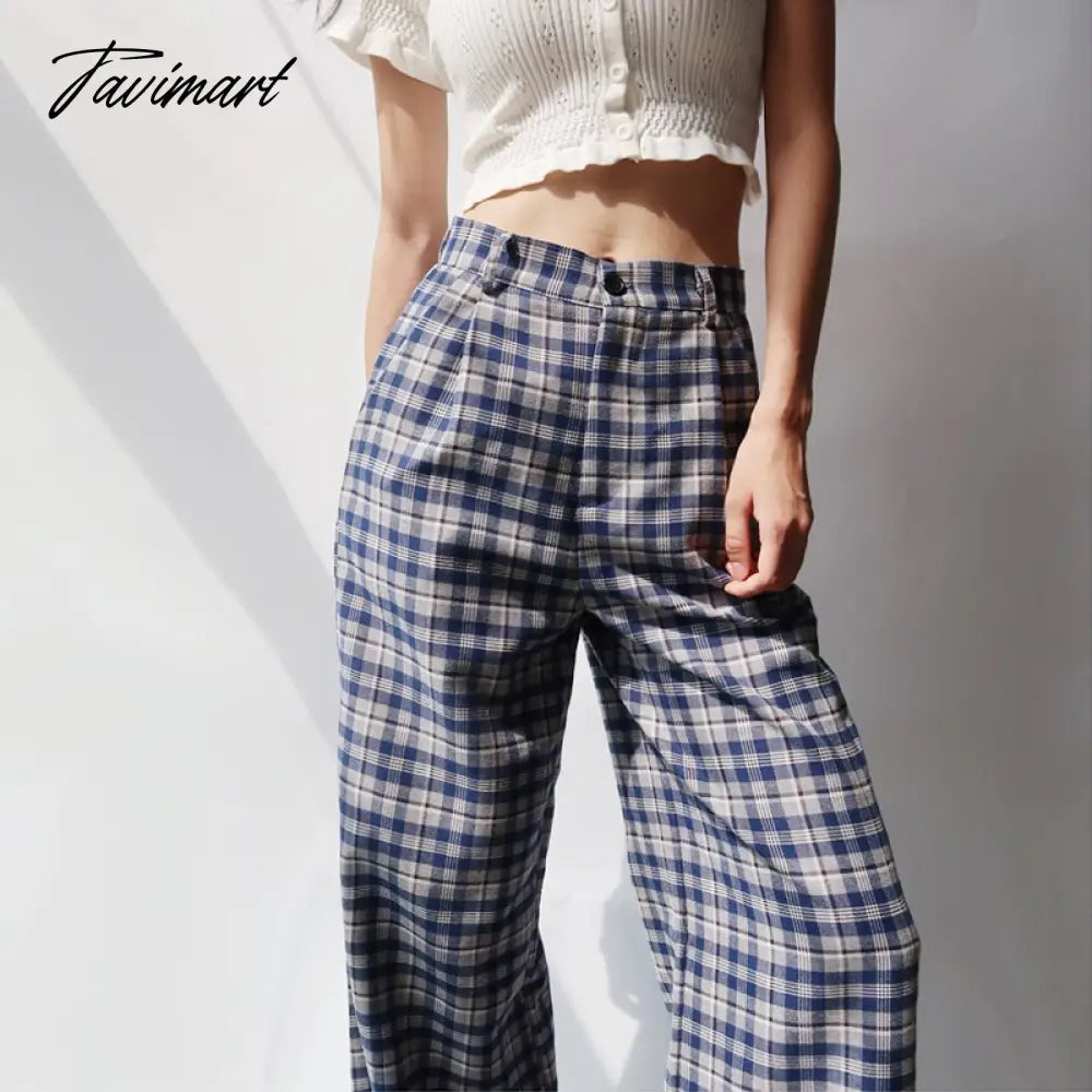 Women Tailored Wide Leg Trousers In Blue Plaid Wide Leg Pants