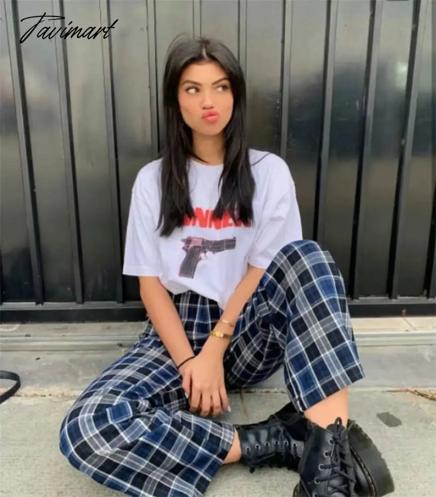 Women Tailored Wide Leg Trousers In Blue Plaid Wide Leg Pants