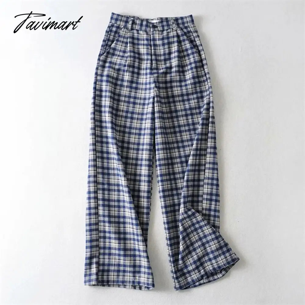 Women Tailored Wide Leg Trousers In Blue Plaid Wide Leg Pants