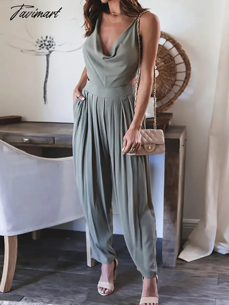 Women Tank Tops Summer Casual Pants Suit Loose Long Trousers Solid Two Piece Set For Femme Outdoor V Neck Tops Pockets Pants Set