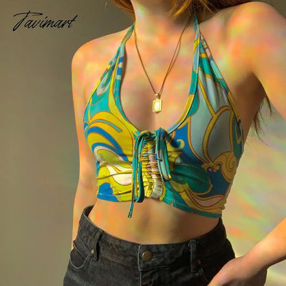 Women Tie Dye Print Y2K Tank Top Summer Fashion Beachwear Backless Sleeveless Slim Sexy Crop Top Camis Casual Streetwear