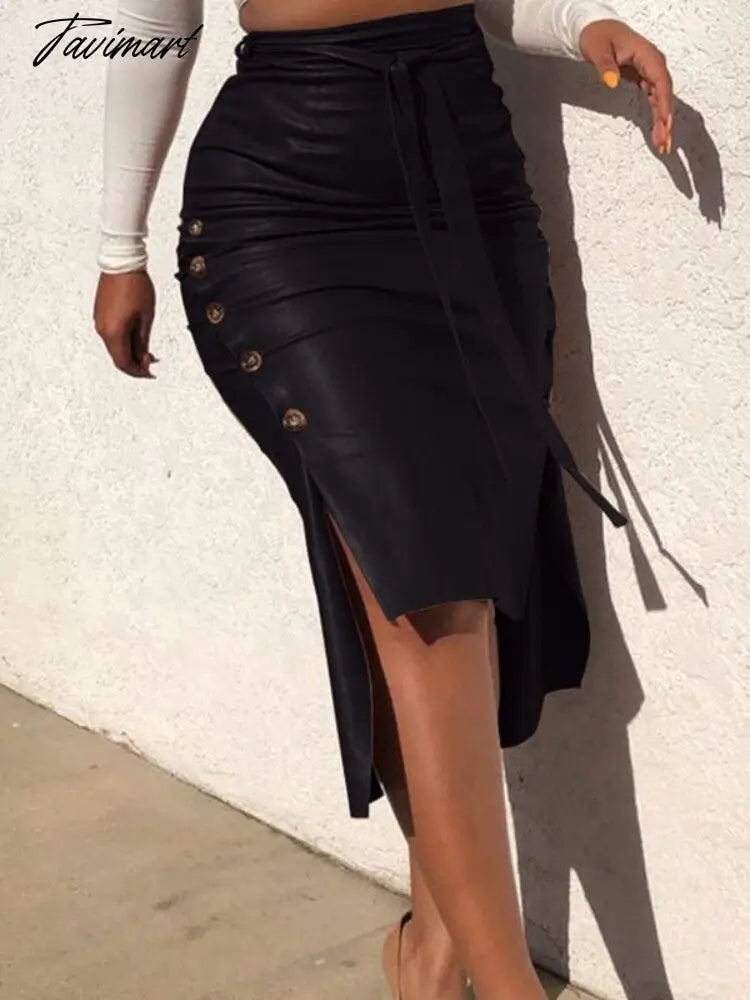 Women Trendy PU Solid Color High Waist Lace-up Side Button Slim Skinny Pencil Pencil Skirt for Ladies Streetwear Leather Skirt