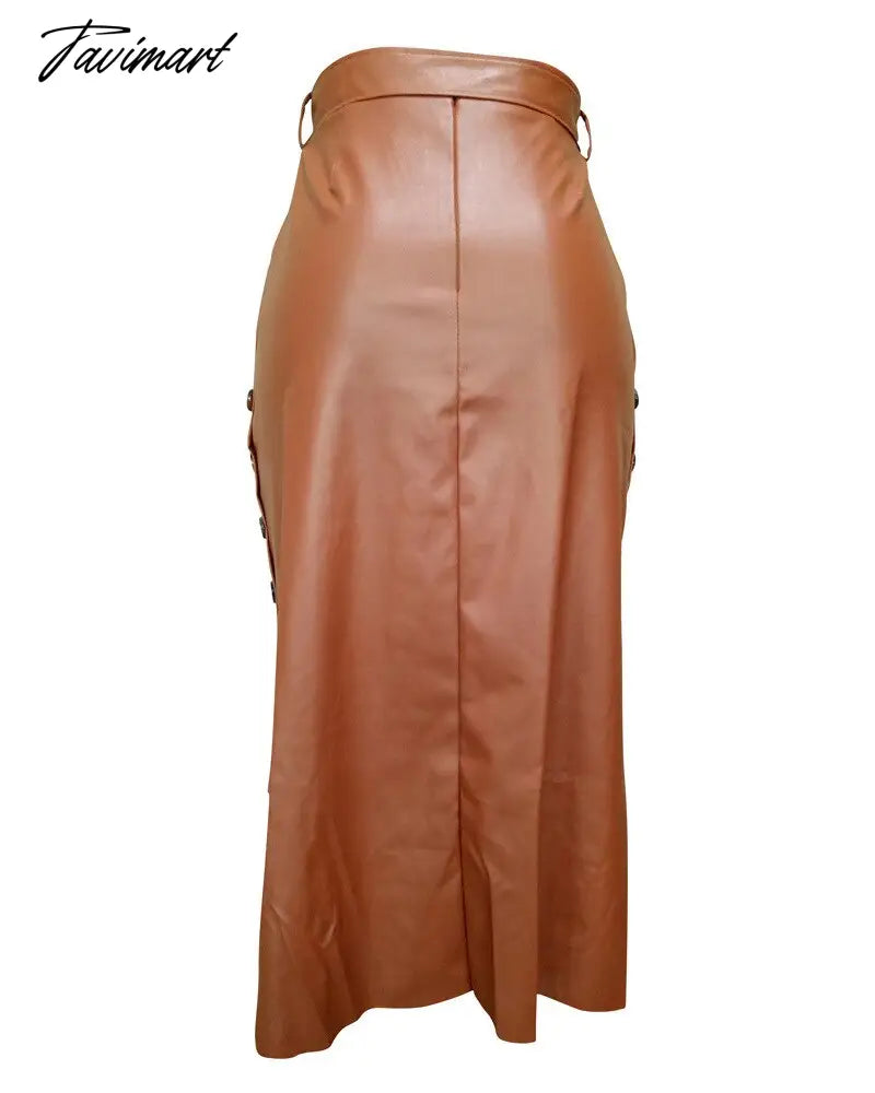 Women Trendy PU Solid Color High Waist Lace-up Side Button Slim Skinny Pencil Pencil Skirt for Ladies Streetwear Leather Skirt