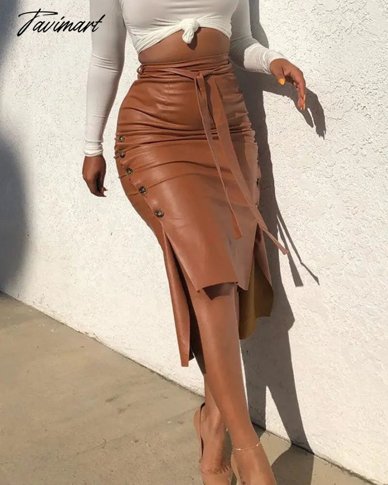 Women Trendy PU Solid Color High Waist Lace-up Side Button Slim Skinny Pencil Pencil Skirt for Ladies Streetwear Leather Skirt