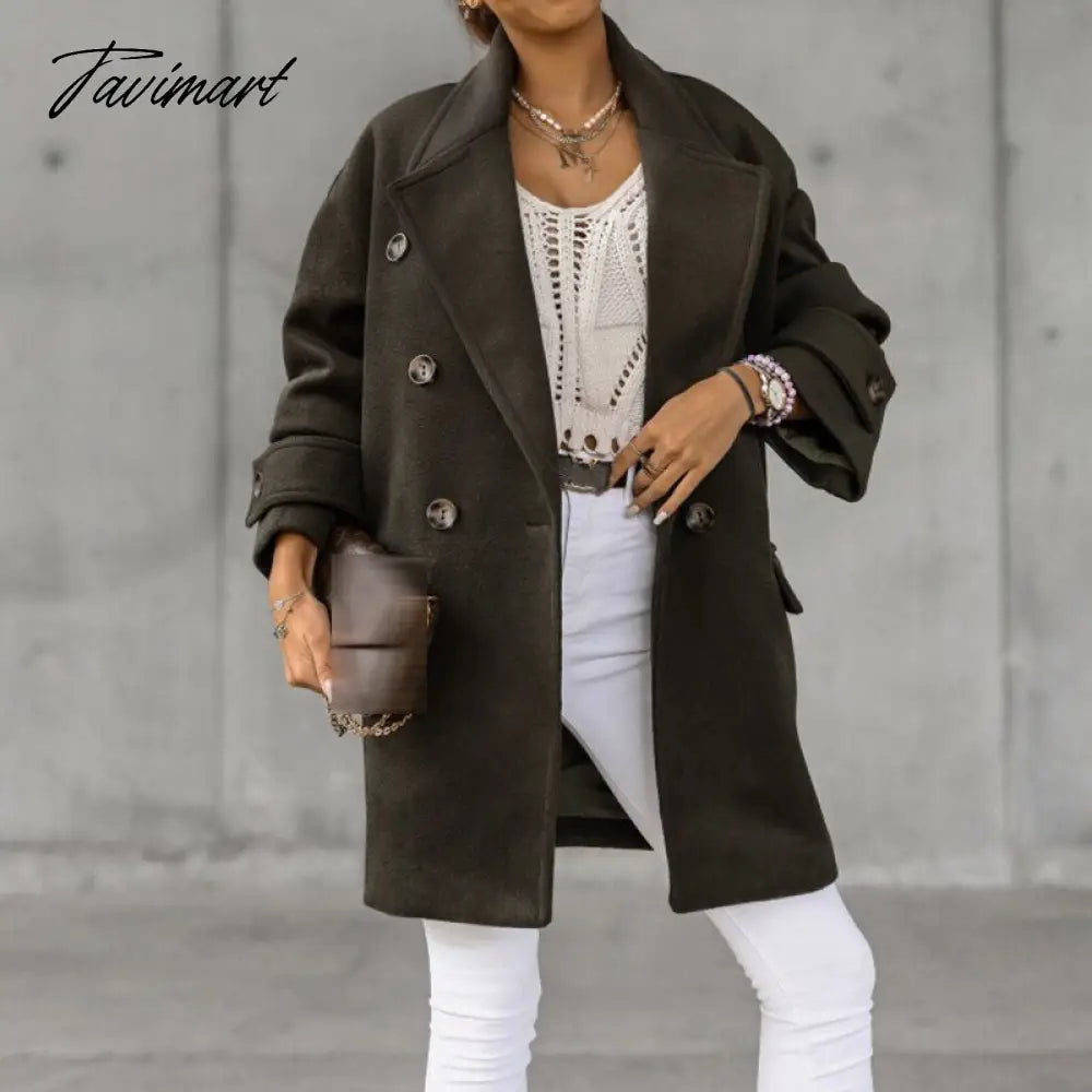 Women Turn-down Collar Double Breasted Long Woolen Overcoats Streetwear Long Coats Winter Women Jackets Solid Color Winter Coat