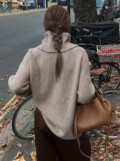 Women Turn-down Collar Solid Wool Sweater Fashion Long Sleeve Turtleneck Lady Knitted Pullover Autumn Casual Commute Streetwear