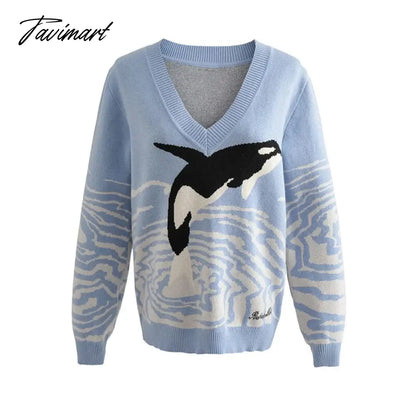 Women V Neck Knitted Jumper With Dolphin Print