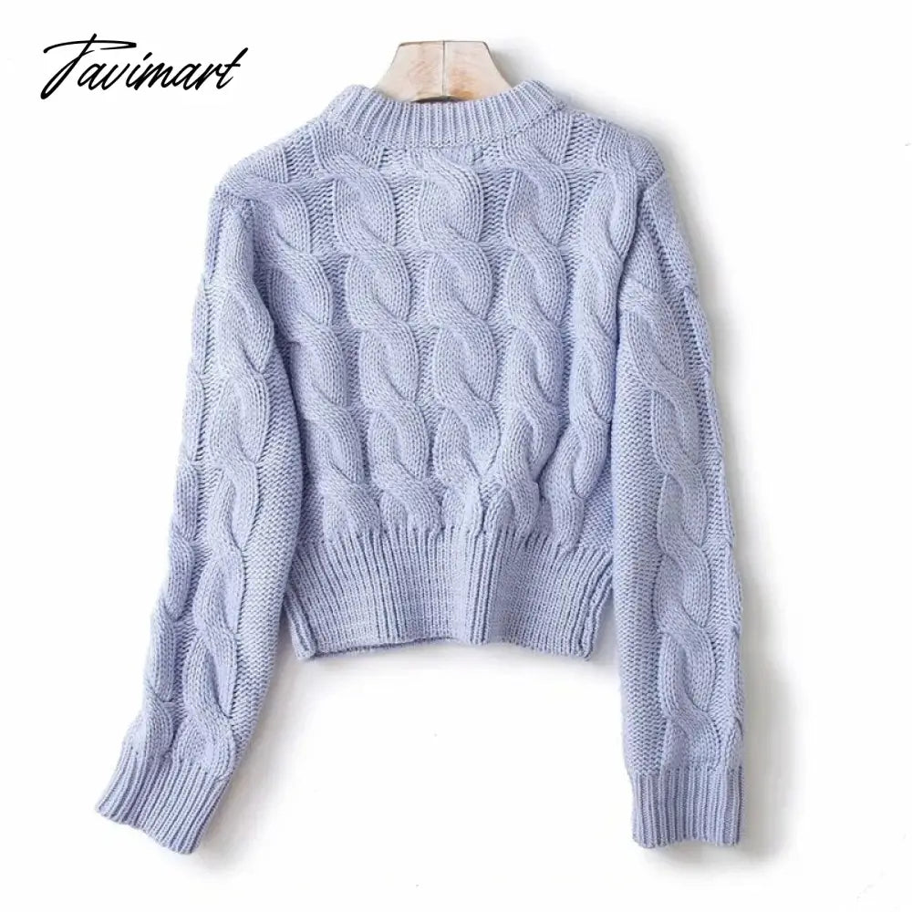 Women Vintage Chunky Cable Knit Crop Jumper Crew Neck Cable Cropped Knit Top