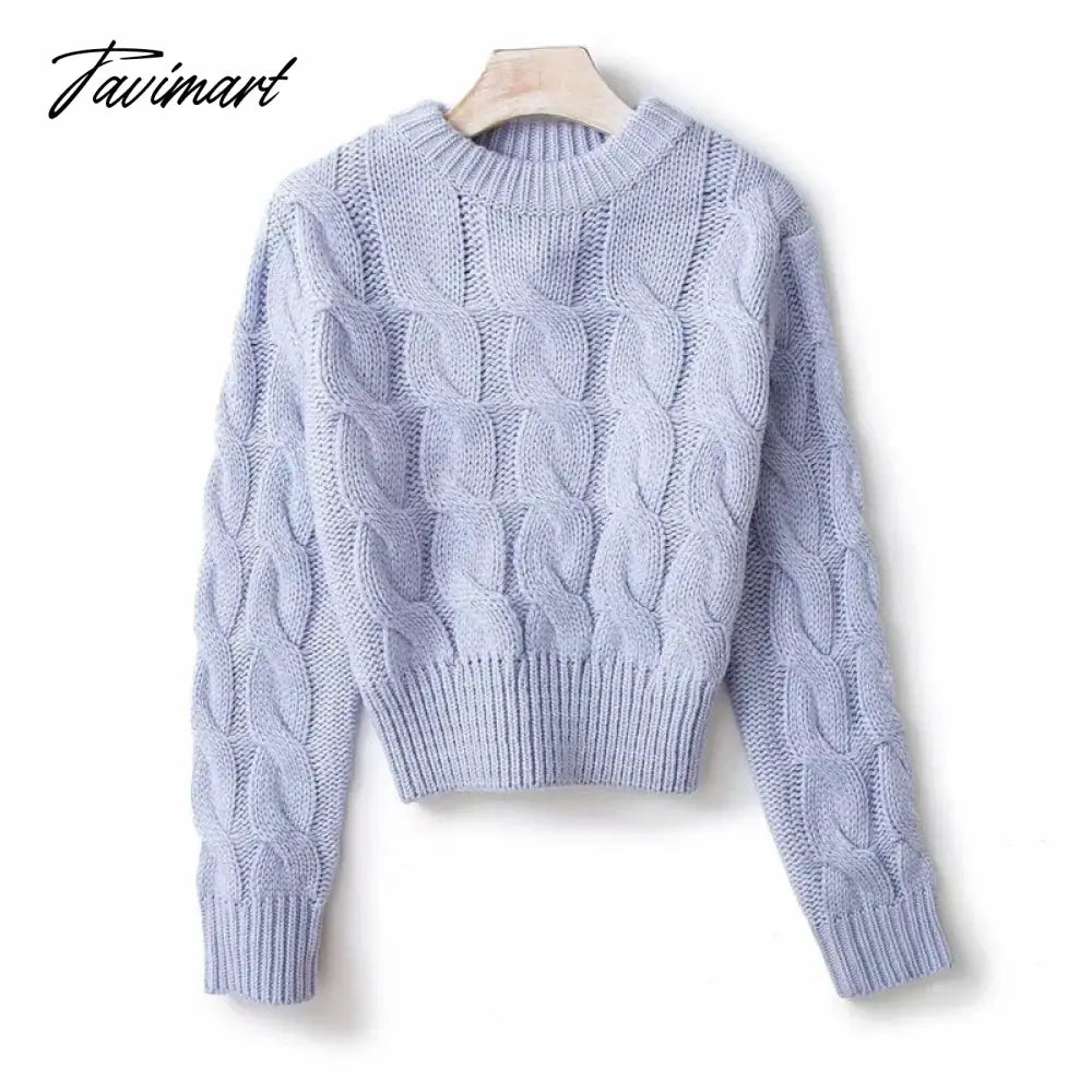 Women Vintage Chunky Cable Knit Crop Jumper Crew Neck Cable Cropped Knit Top