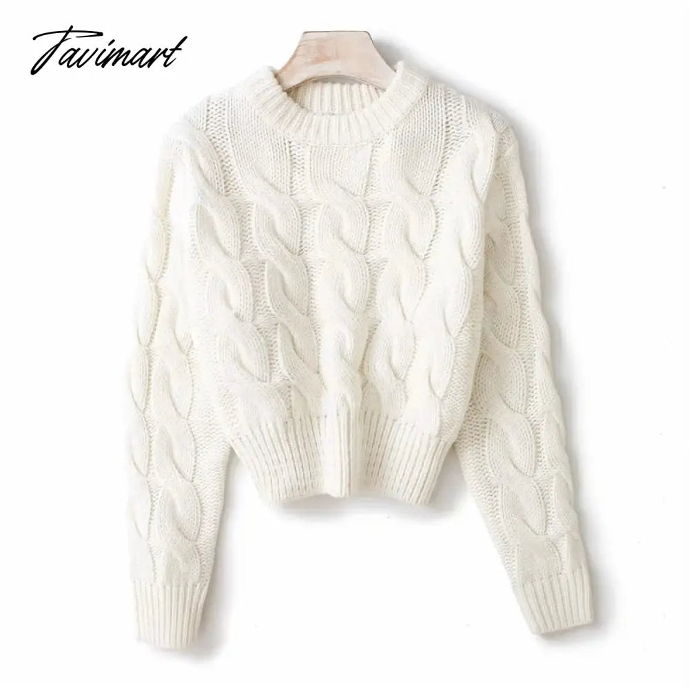 Women Vintage Chunky Cable Knit Crop Jumper Crew Neck Cable Cropped Knit Top