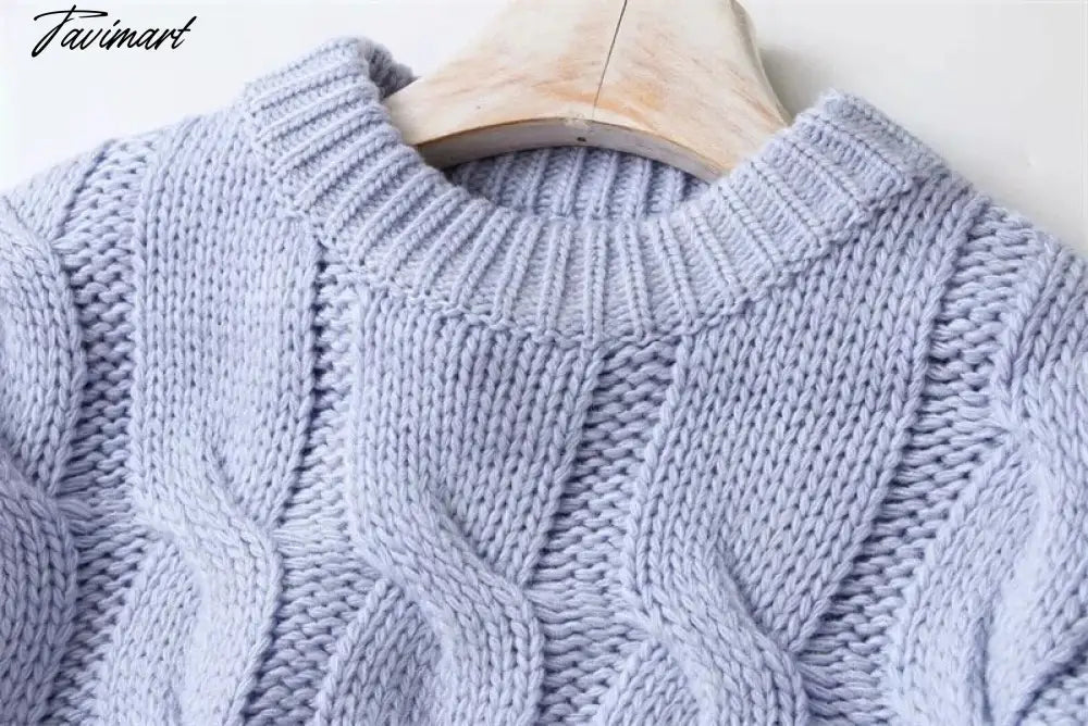 Women Vintage Chunky Cable Knit Crop Jumper Crew Neck Cable Cropped Knit Top