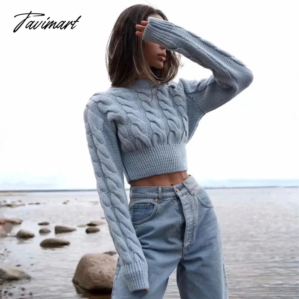 Women Vintage Chunky Cable Knit Crop Jumper Crew Neck Cable Cropped Knit Top