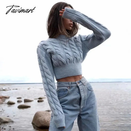 Women Vintage Chunky Cable Knit Crop Jumper Crew Neck Cable Cropped Knit Top