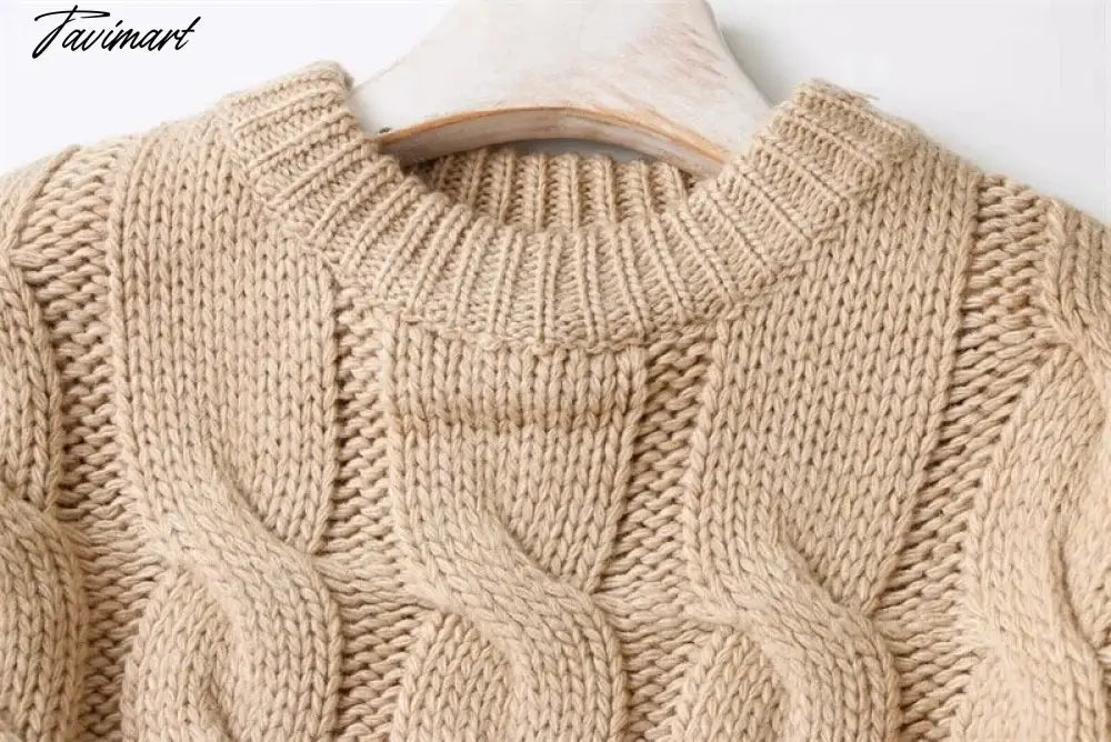 Women Vintage Chunky Cable Knit Crop Jumper Crew Neck Cable Cropped Knit Top