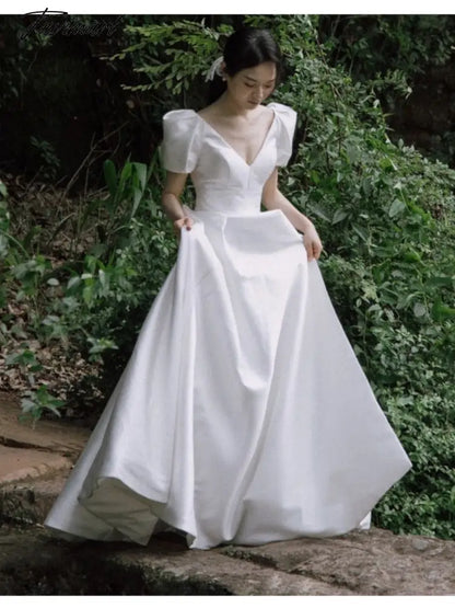 women white v-neck simple high waist wedding dress female satin puff sleeve elegant prom dress Bridal Gowns Train Vestidos