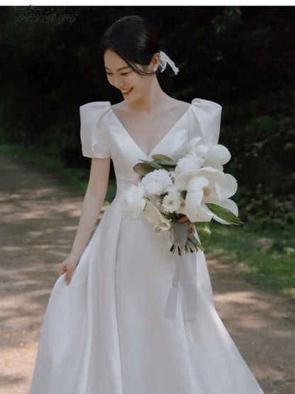 women white v-neck simple high waist wedding dress female satin puff sleeve elegant prom dress Bridal Gowns Train Vestidos