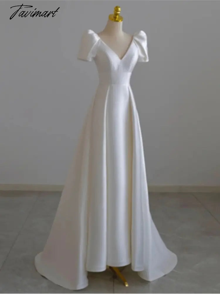 women white v-neck simple high waist wedding dress female satin puff sleeve elegant prom dress Bridal Gowns Train Vestidos