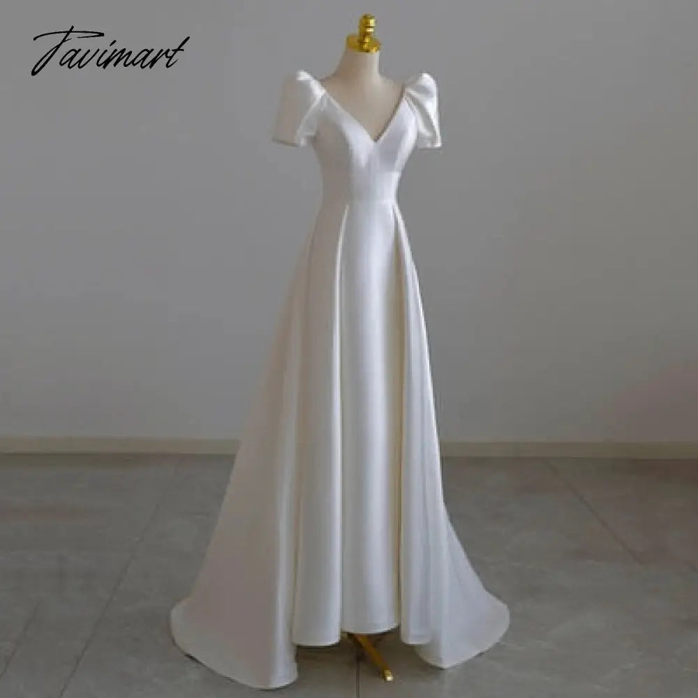 women white v-neck simple high waist wedding dress female satin puff sleeve elegant prom dress Bridal Gowns Train Vestidos
