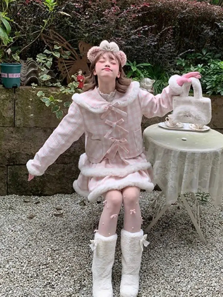 Women Winter New Fashion Japanese Style Sweet Faux Fur Coat +Ruffles Plaid Mini Skirts 2 Pieces Sets Vintage Thickend Suits