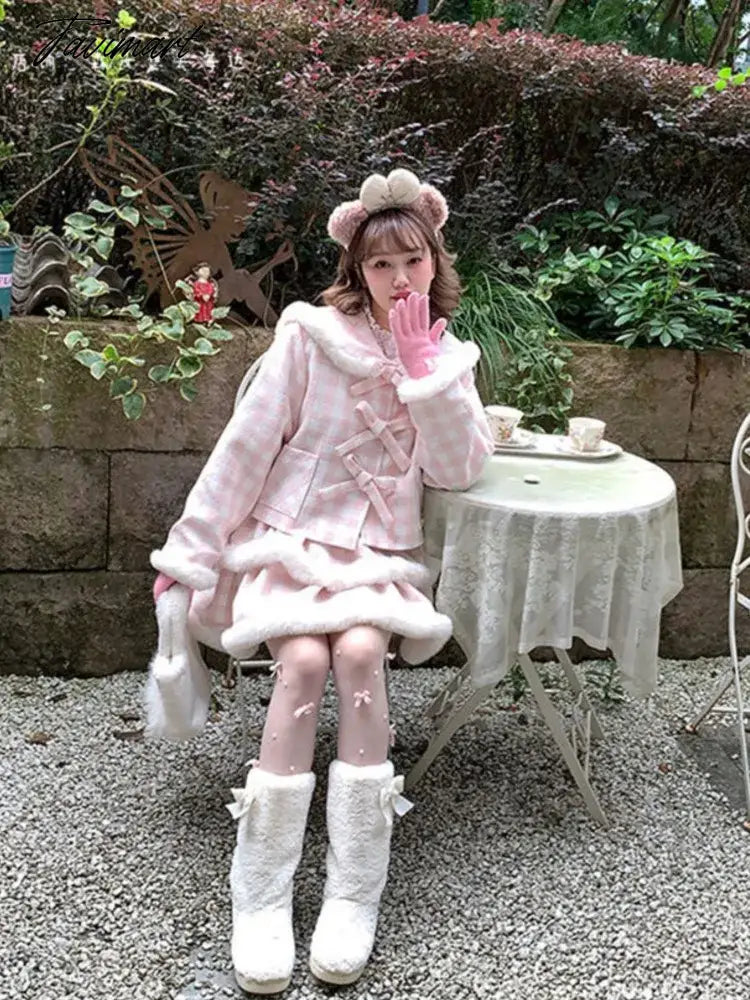 Women Winter New Fashion Japanese Style Sweet Faux Fur Coat +Ruffles Plaid Mini Skirts 2 Pieces Sets Vintage Thickend Suits