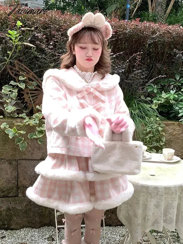 Women Winter New Fashion Japanese Style Sweet Faux Fur Coat +Ruffles Plaid Mini Skirts 2 Pieces Sets Vintage Thickend Suits